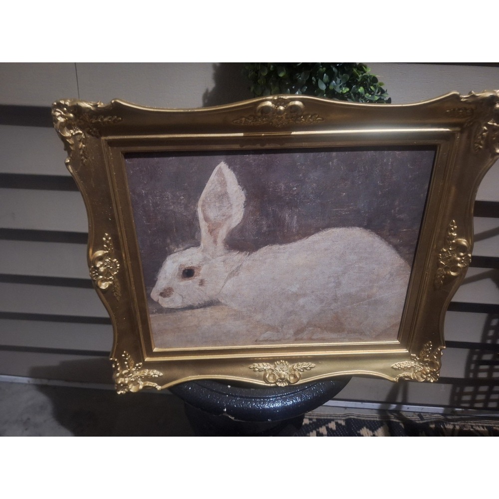 Vintage ornate gold frame with 2 prints white rabbit and Victorian lady